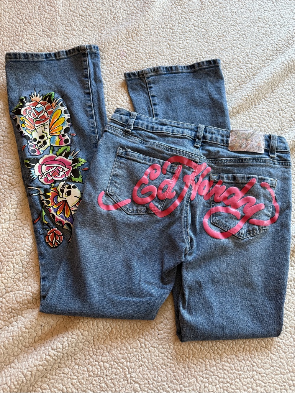 Ed Hardy Tattoo Graphic Bootcut Jeans Y2K Pink Logo Skull Rose Butterfly Size 28